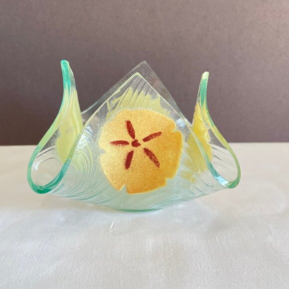 Hand Blown Glass Sand Dollar Design Candle Tealight Holder Painted Beach Coastal - Picture 2 of 7